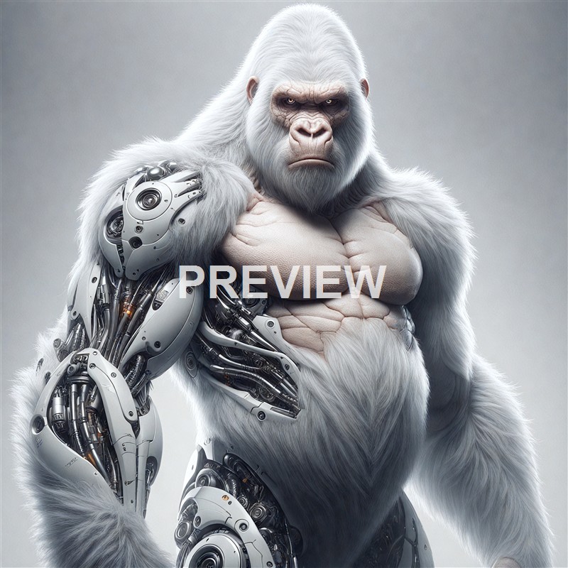 A highly detailed and realistic depiction of a humanoid gorilla with a mix of biological and robotic features, showing a muscular upper body with mechanical parts integrated into the arm and side.